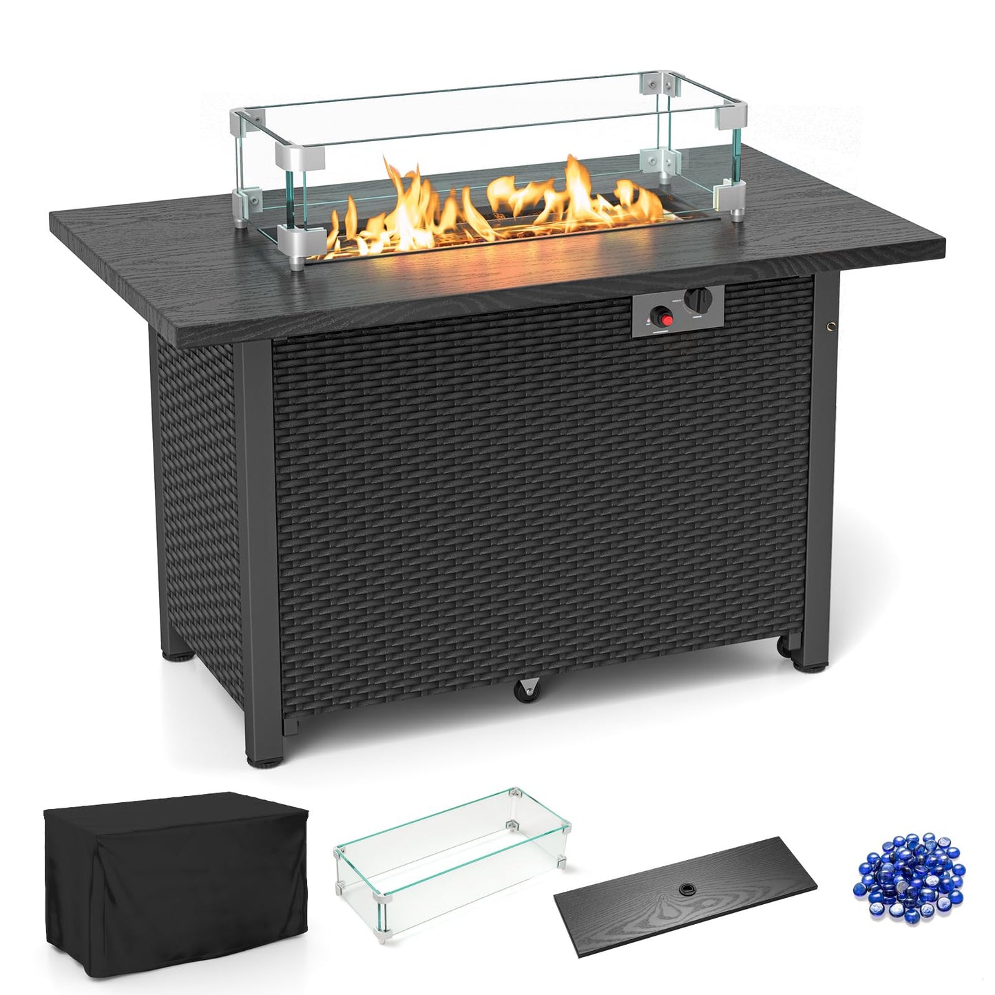 Tangkula Outdoor Propane Fire Pit Table, 42 Inch Rectangular Rattan Fire Table with Wind Guard & Glass Rocks