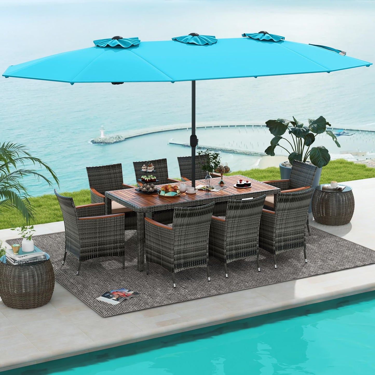 Tangkula 10 Piece Patio Rattan Dining Set with 15Ft Double-Sided Umbrella, Outdoor Acacia Wood Table and Wicker Chairs Set