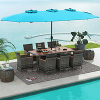 Tangkula 10 Piece Patio Rattan Dining Set with 15Ft Double-Sided Umbrella, Outdoor Acacia Wood Table and Wicker Chairs Set