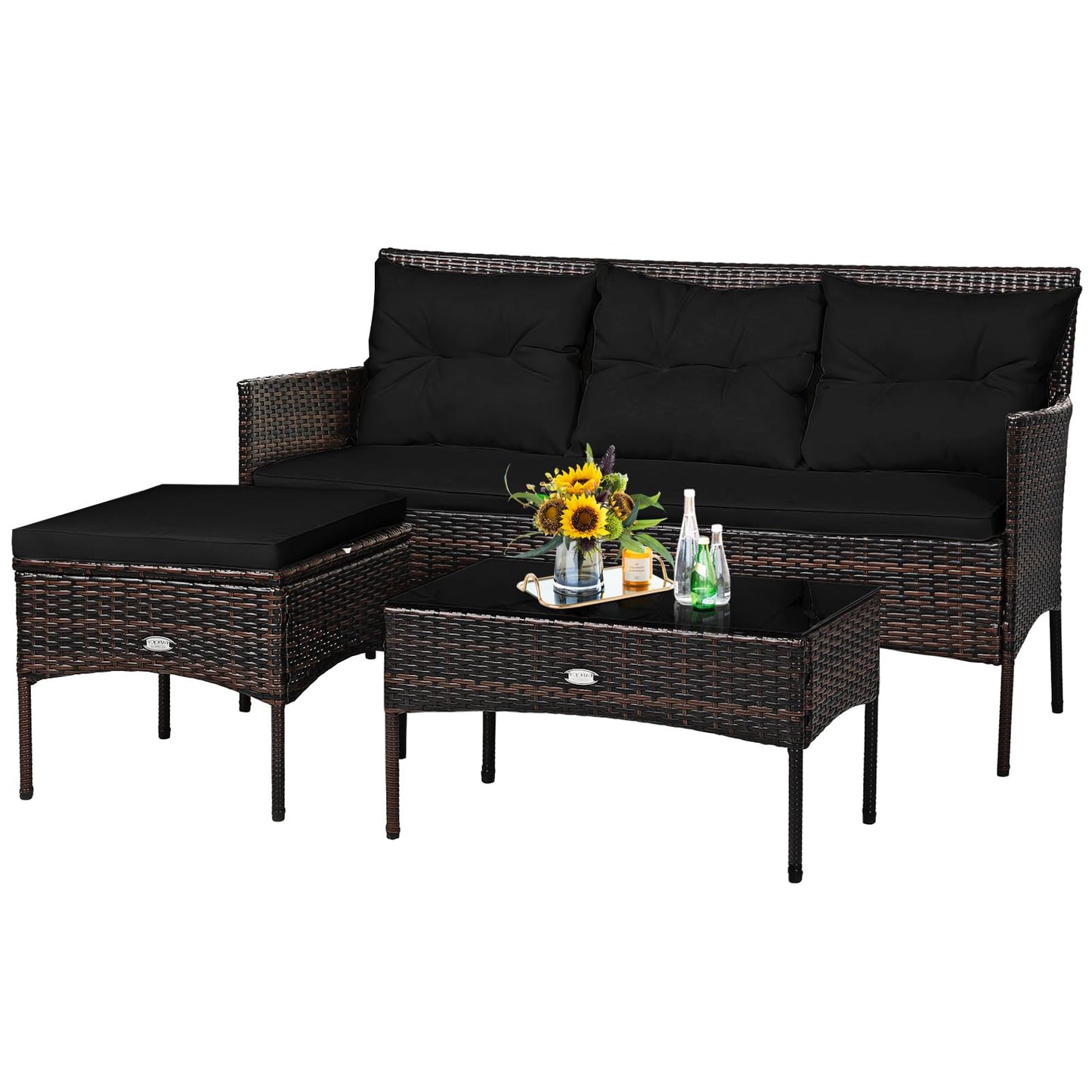 3 Pieces Patio Conversation Set, Outdoor PE Rattan Wicker Furniture Set