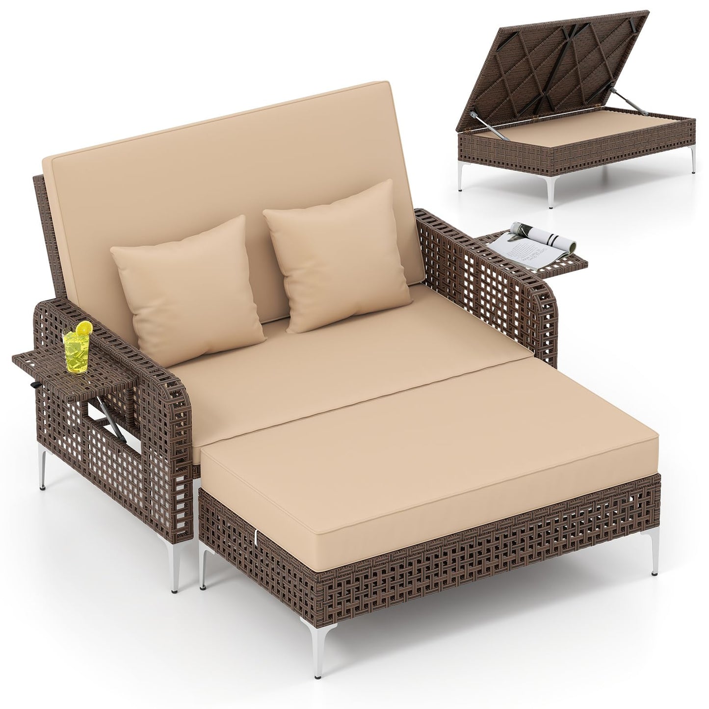 Tangkula Patio Rattan Daybed with 4 Level Adjustable Backrest