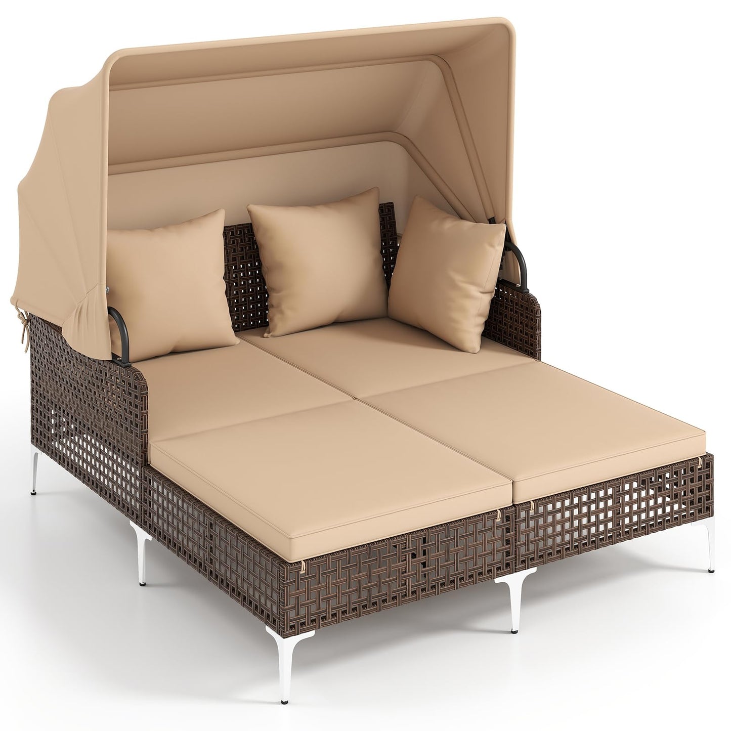 Tangkula Outdoor Rattan Double Daybed with Metal Support for Backyard