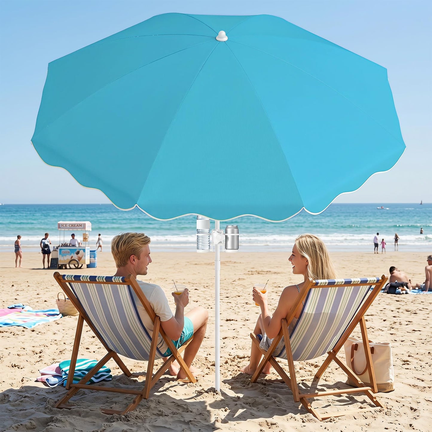 Tangkula 6.5 FT Scalloped Beach Umbrella with Cup Holders | UPF 50+