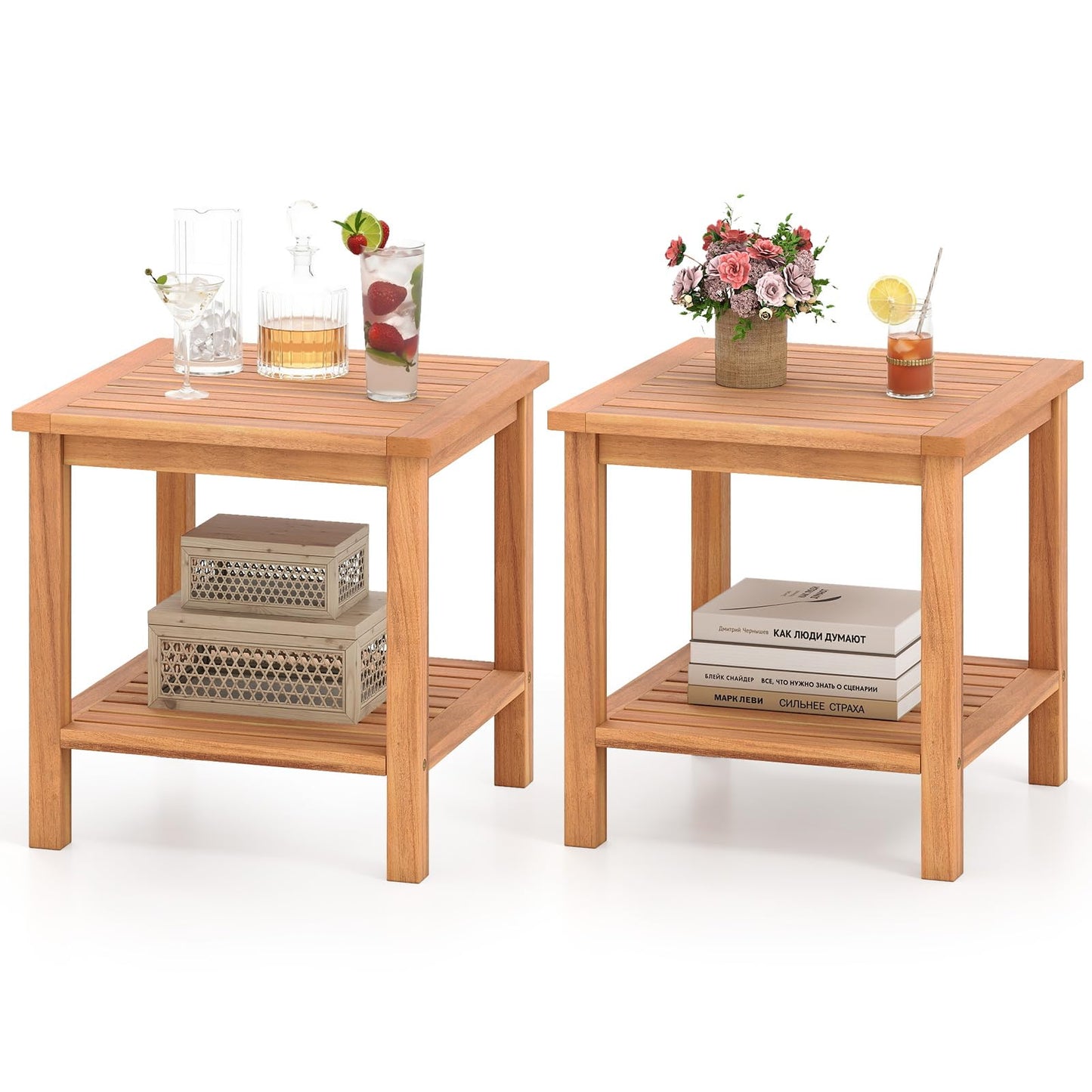 Tangkula Table d'appoint carrée à 2 niveaux en bois d'acacia avec plateau à lattes et étagère de rangement