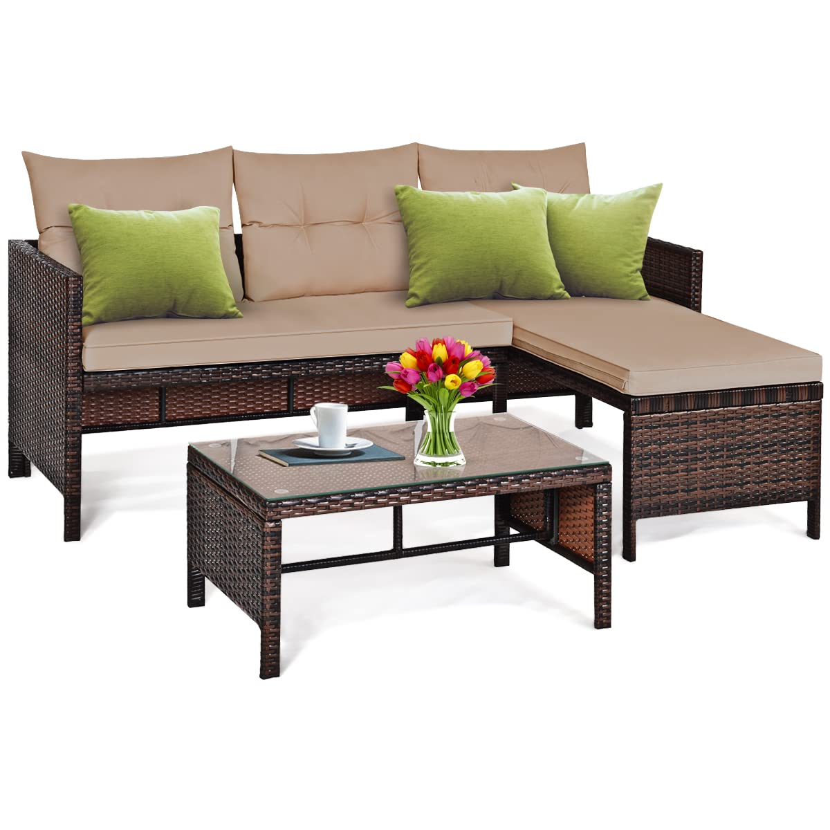 Tangkula Patio Corner Sofa Set 3 Piece, Outdoor Rattan Sofa Set