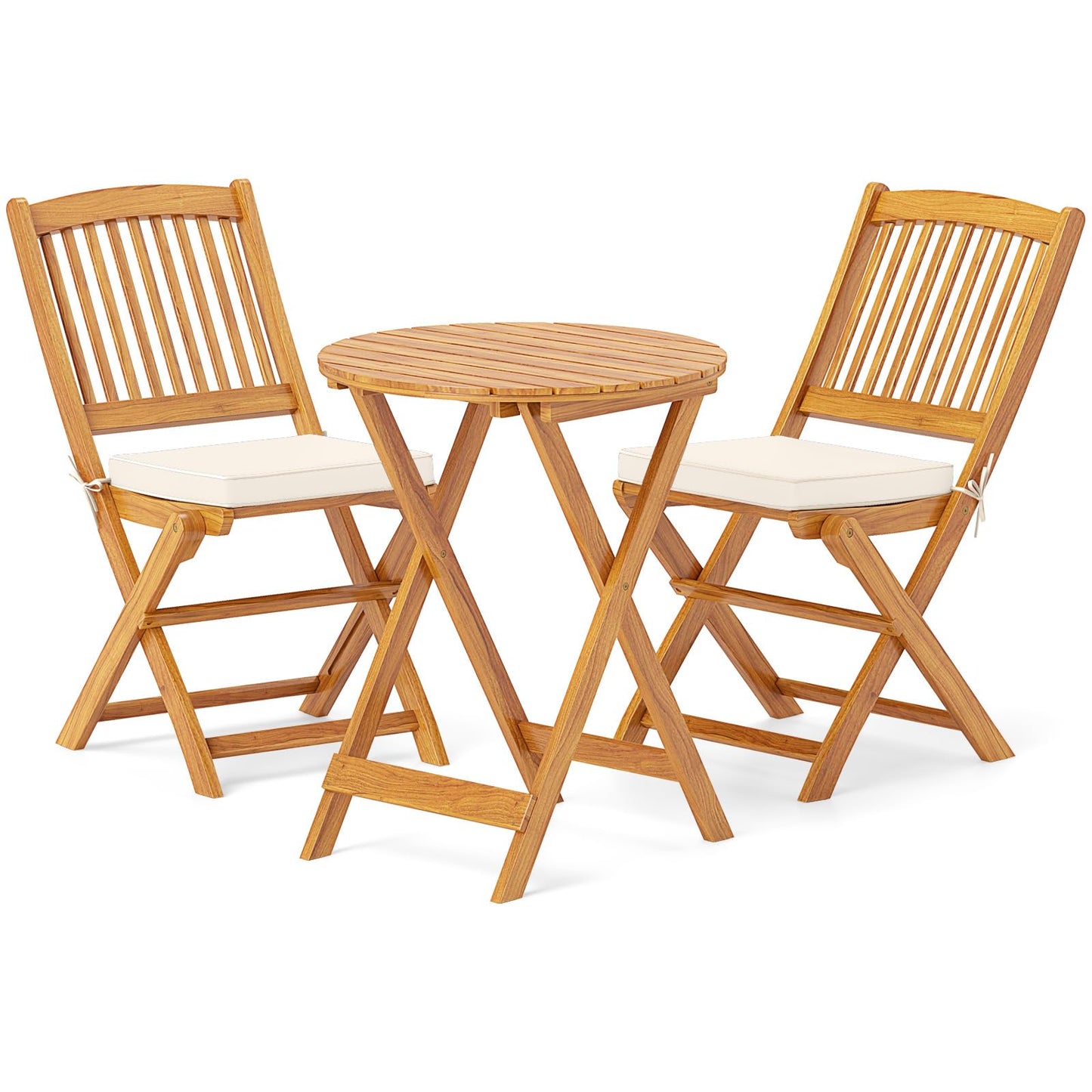 Tangkula 3 Pieces Acacia Wood Patio Folding Bistro Set, Outdoor Table and Chairs Set with Soft Cushions