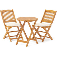 Tangkula 3 Pieces Acacia Wood Patio Folding Bistro Set, Outdoor Table and Chairs Set with Soft Cushions