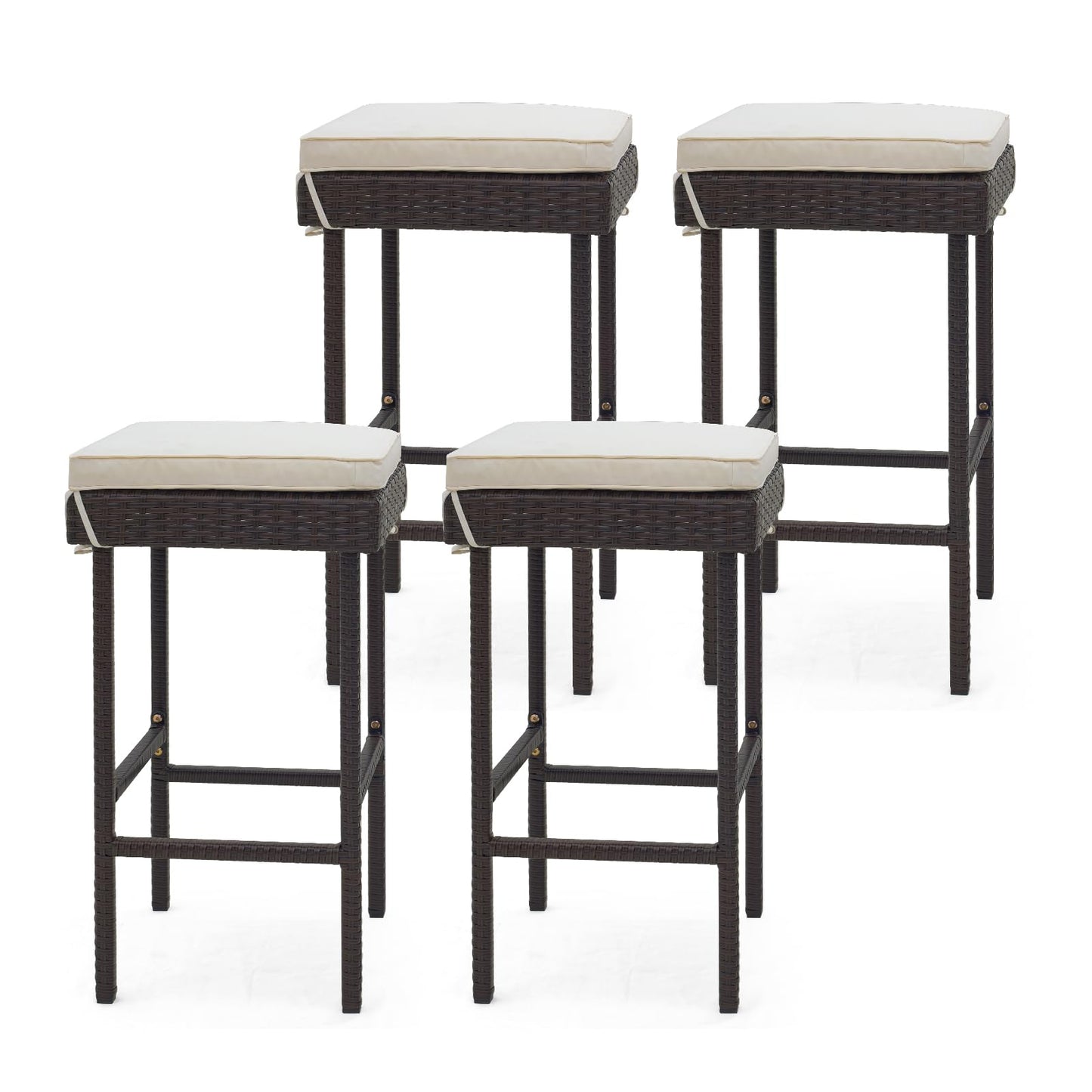 Tangkula Patio Rattan Barstools Set, Outdoor Wicker Bar Height Chairs with Footrest & Soft Cushions