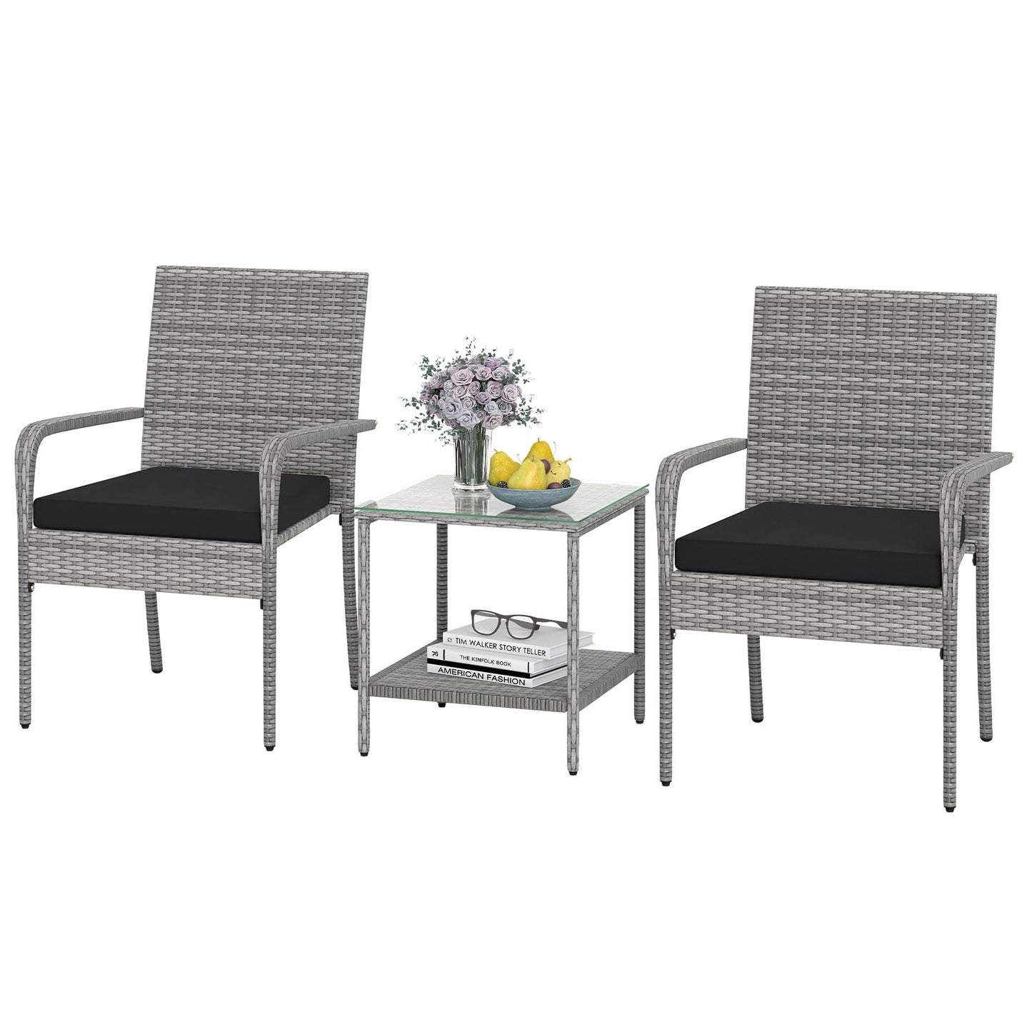 Tangkula 3 Pieces Patio Furniture Set with 2 Tier Tempered Glass Tabletop Table