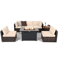 Tangkula 7 Piece Patio Furniture Set with Fire Pit Table, Includes 42 Inches 60,000 BTU Propane Rectangle Fire Pit Table