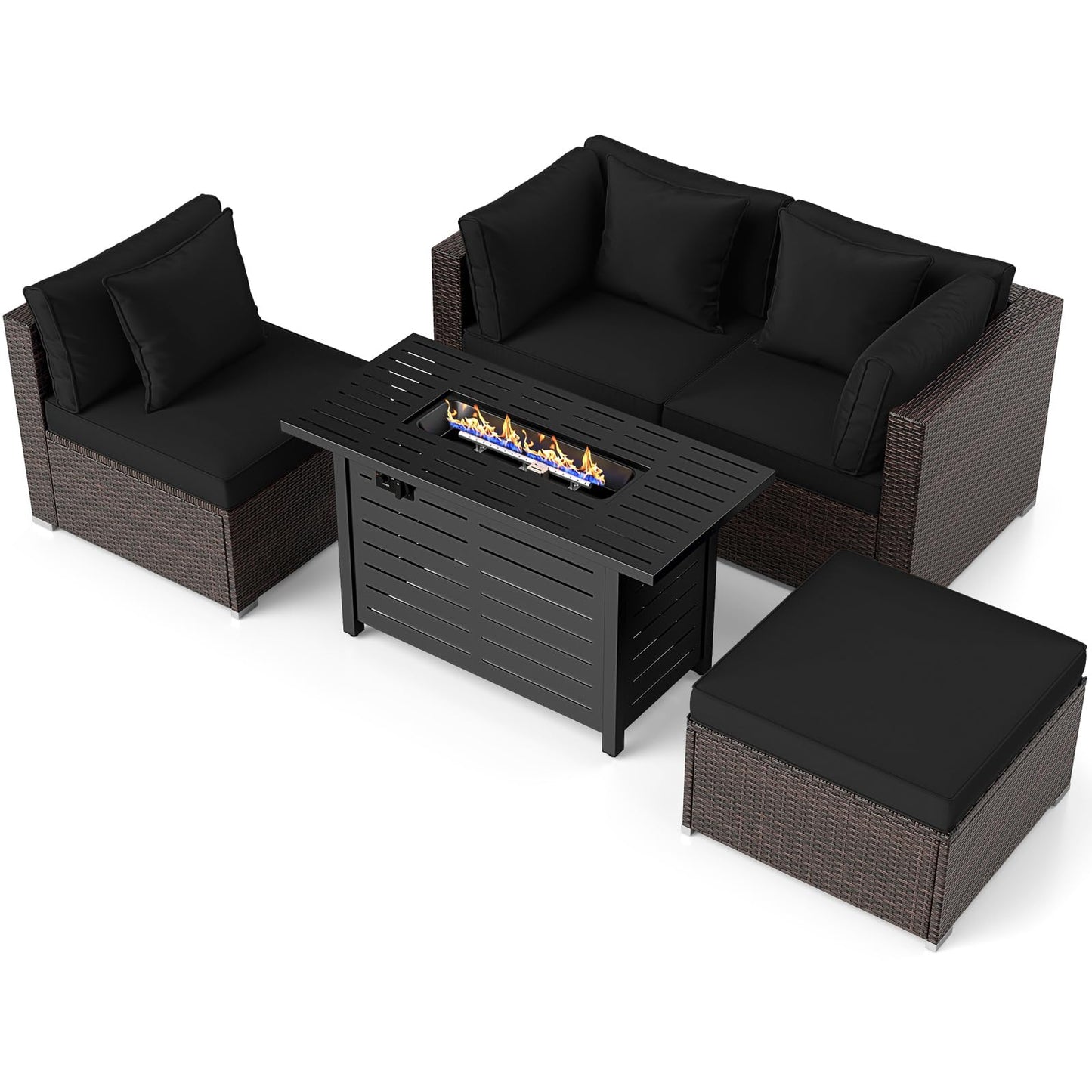 Tangkula 5 Piece Patio Rattan Sectional Sofa Set with 60,000 BTU Firepit Table