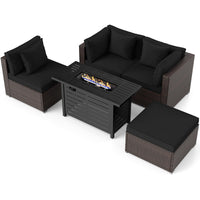 Tangkula 5 Piece Patio Rattan Sectional Sofa Set with 60,000 BTU Firepit Table