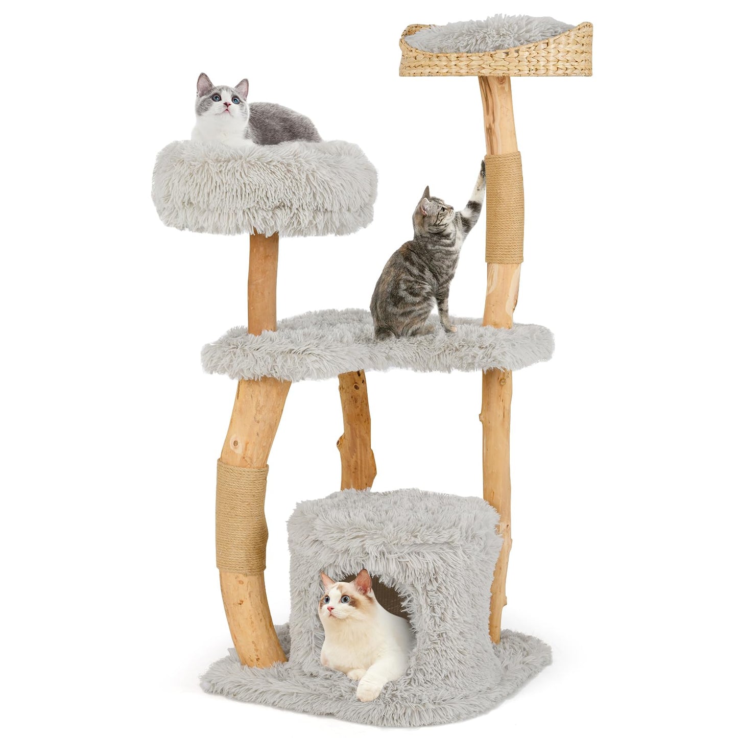 Tangkula Cat Tree Tower Solid Wood Modern Cat Tower with Top Cattail Basket Bed