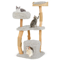 Tangkula Cat Tree Tower Solid Wood Modern Cat Tower with Top Cattail Basket Bed