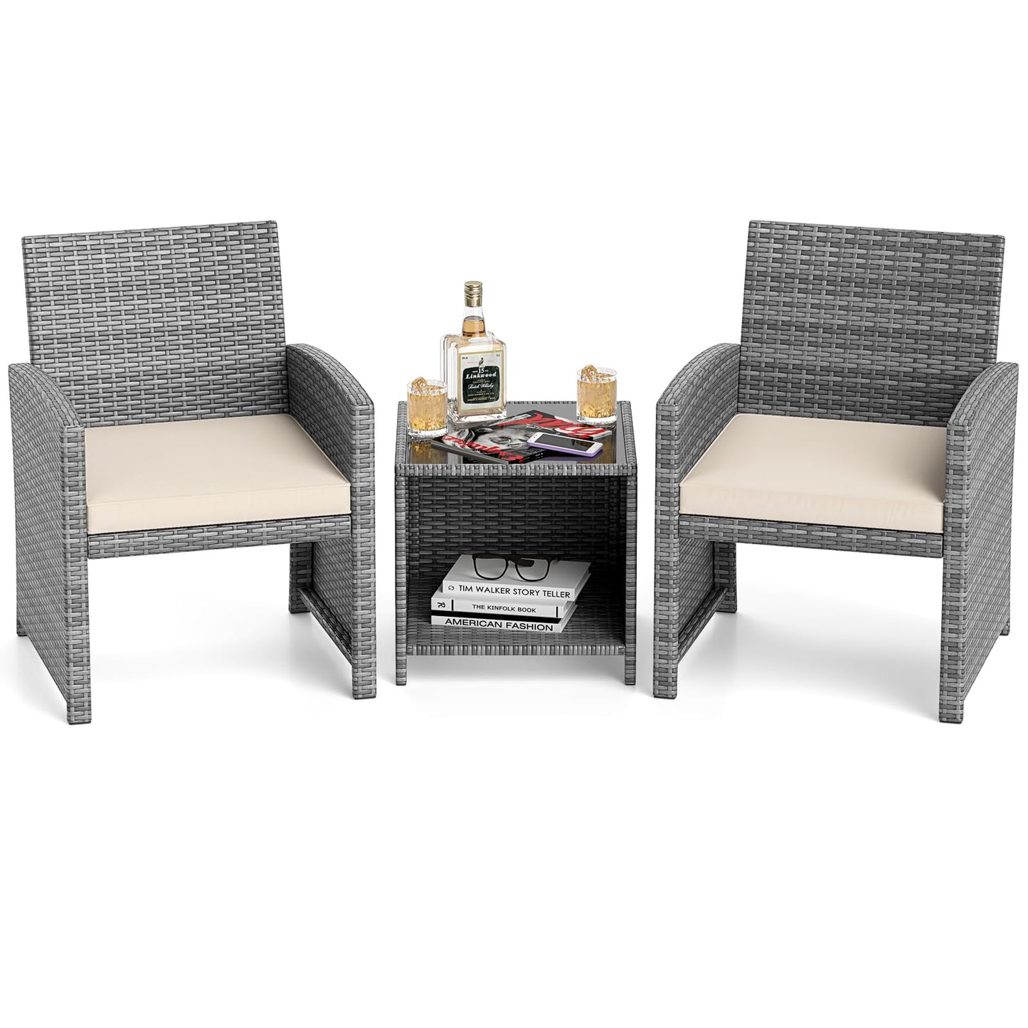 Tangkula 3 Pieces Patio Furniture Set with Tempered Glass Coffee Table