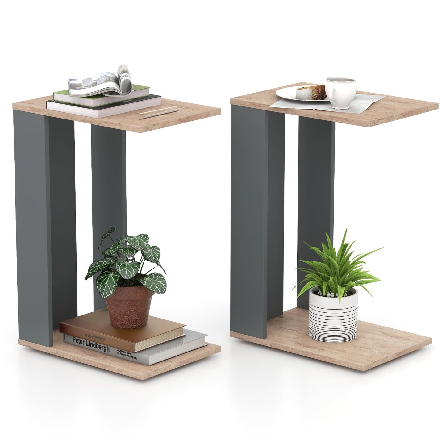 Tangkula Rolling C-shaped Sofa Side Table, Mobile Couch Table with Bottom Shelf & Removable 4 Universal Wheels