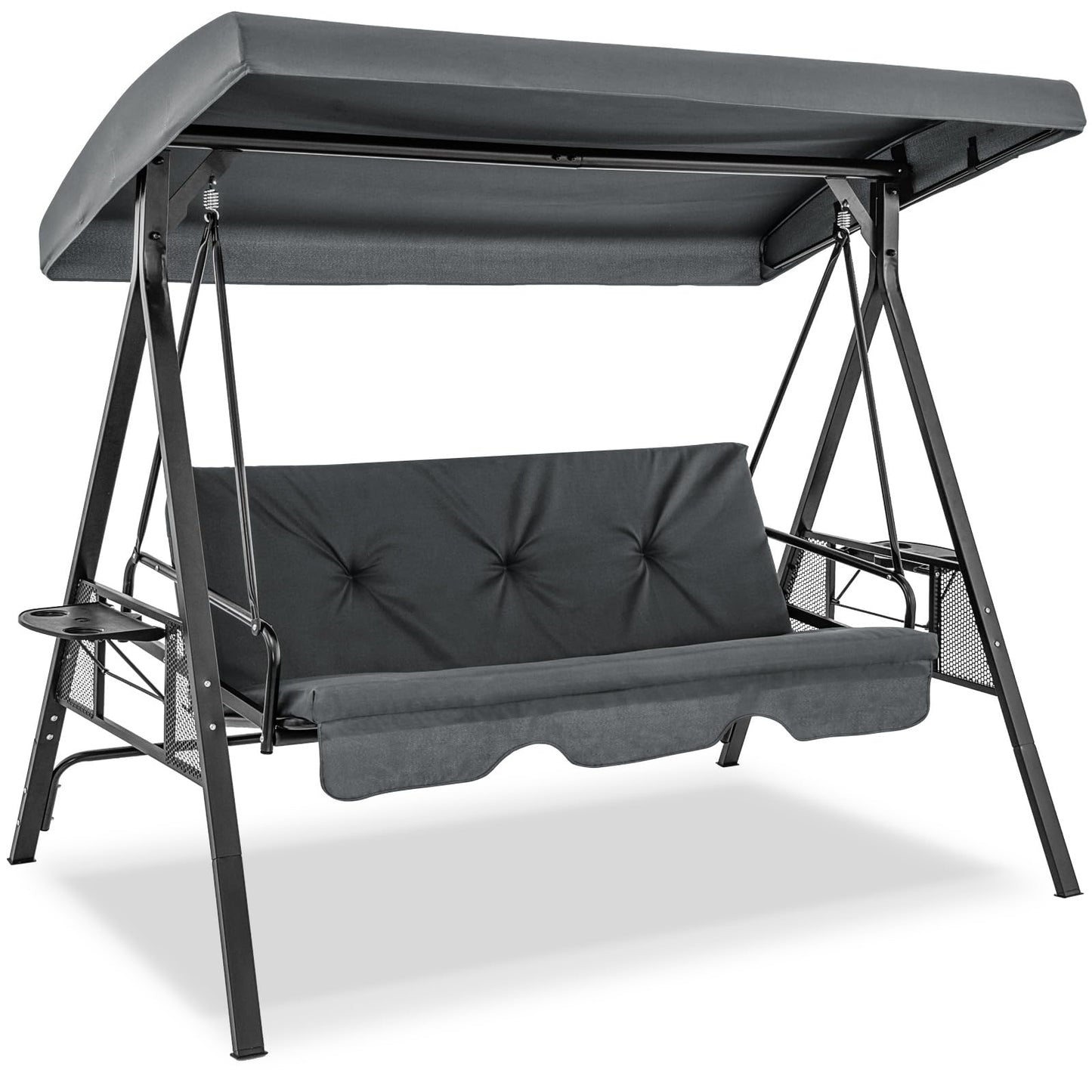 Tangkula 3 Person Porch Swing, 2-in-1 Convertible Patio Swing Bed with Adjustable Canopy, 2 Cup Holder Table