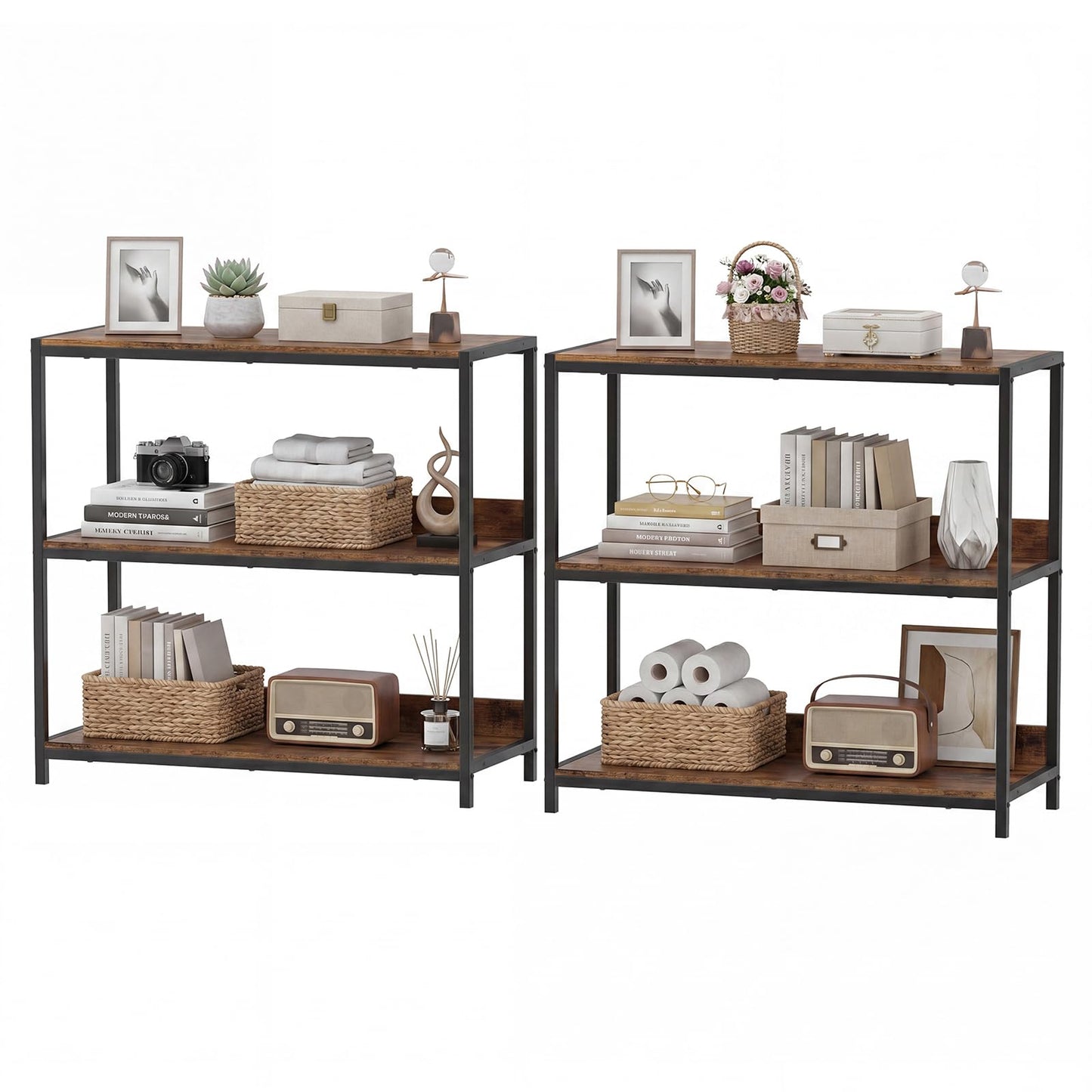 Tangkula 3-Tier Bookshelf with Wooden Shelves and Metal Frame