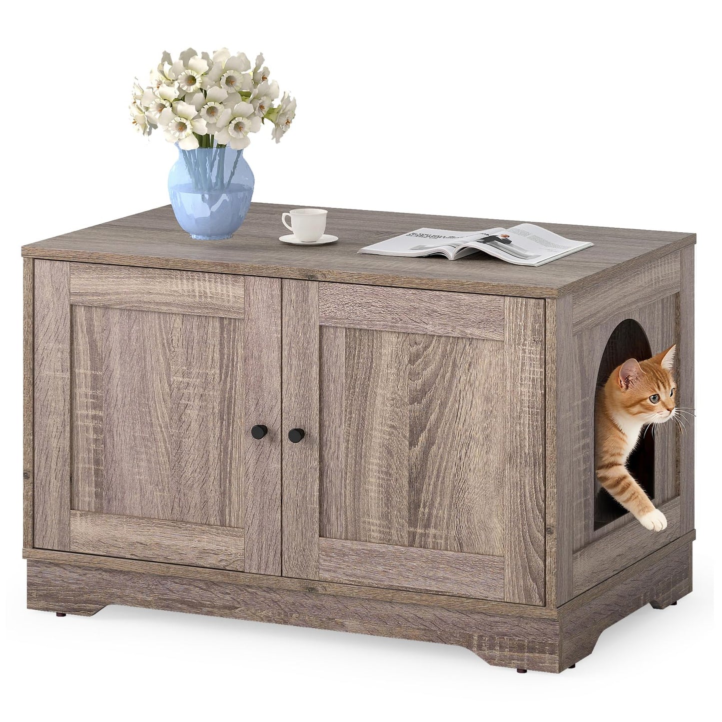 Tangkula Cat Litter Box Enclosure w/Winding Entry & Cat Hole for Living Room