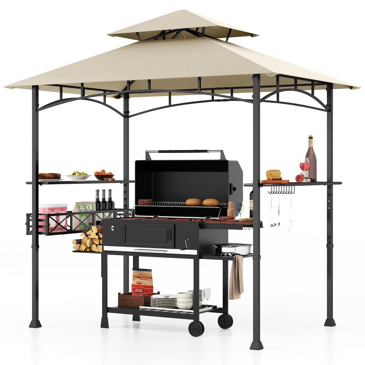 Tangkula 8x5 Ft Grill Gazebo, 2-Tier Barbecue Gazebo with 2 Shelves, 10 Hanging Hooks, Bottle Opener & Storage Basket