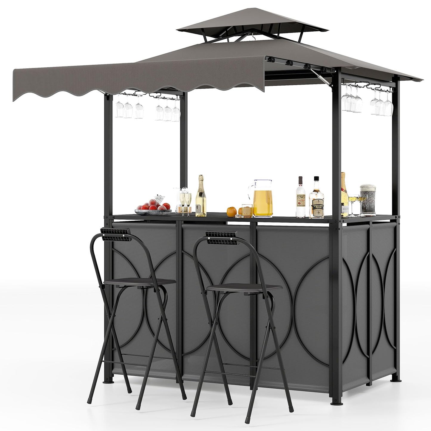 Tangkula 3 Piece Patio Bar Set with Awning for Patio Poolside Garden Backyard