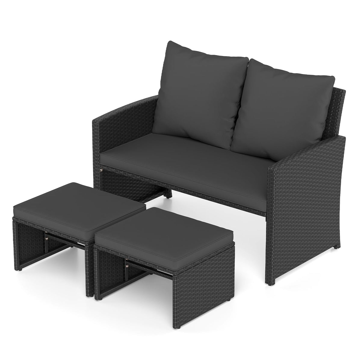 Tangkula Outdoor Loveseat with 2 Ottomans