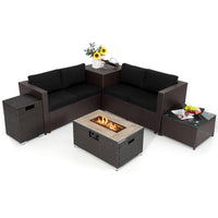 Tangkula 6 Pieces Patio Wicker Furniture Set with 32 Inches Propane Fire Pit Table and Tank Holder