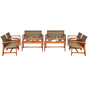 Tangkula 4 PCS Patio Acacia Wood Rattan Conversation Set