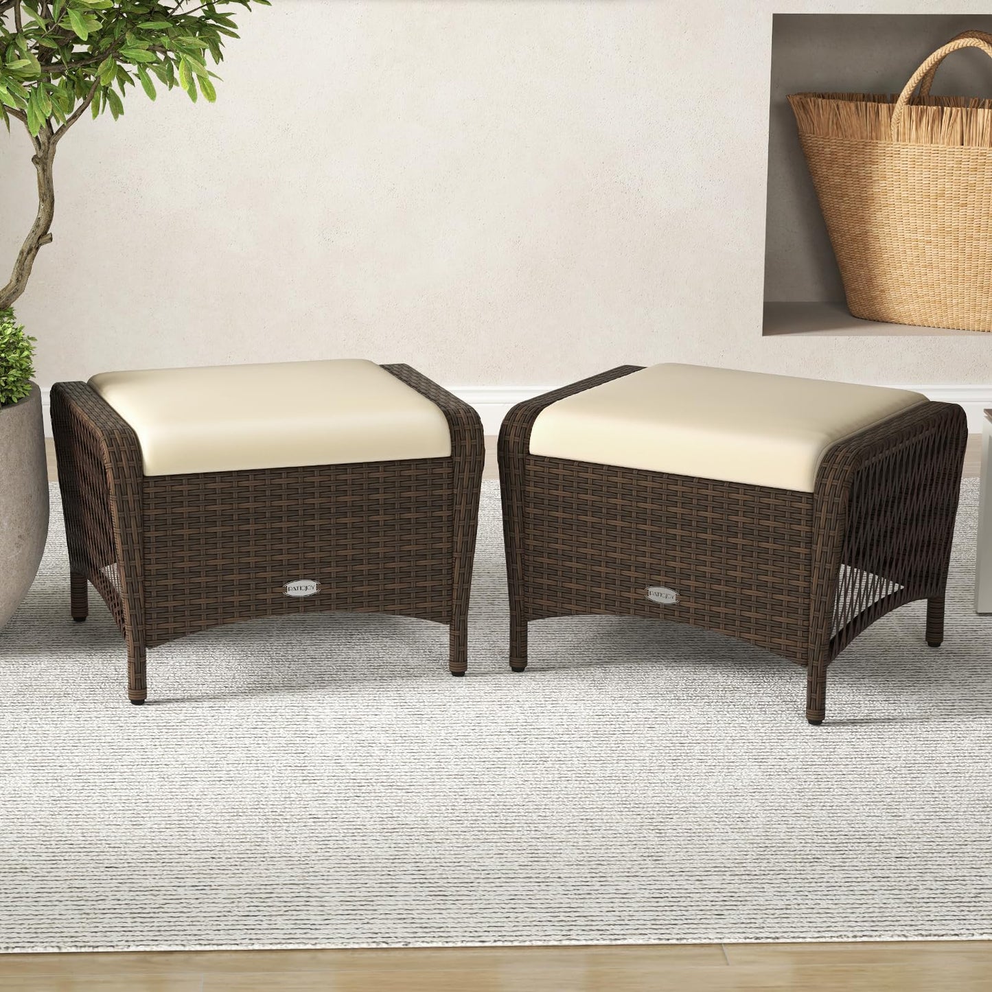 Tangkula 2 Pieces Patio Wicker Ottomans with Removable Cushions for Additional Seating