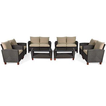 Tangkula Patio Rattan Furniture Set with Tempered Glass Coffee Table for Porch