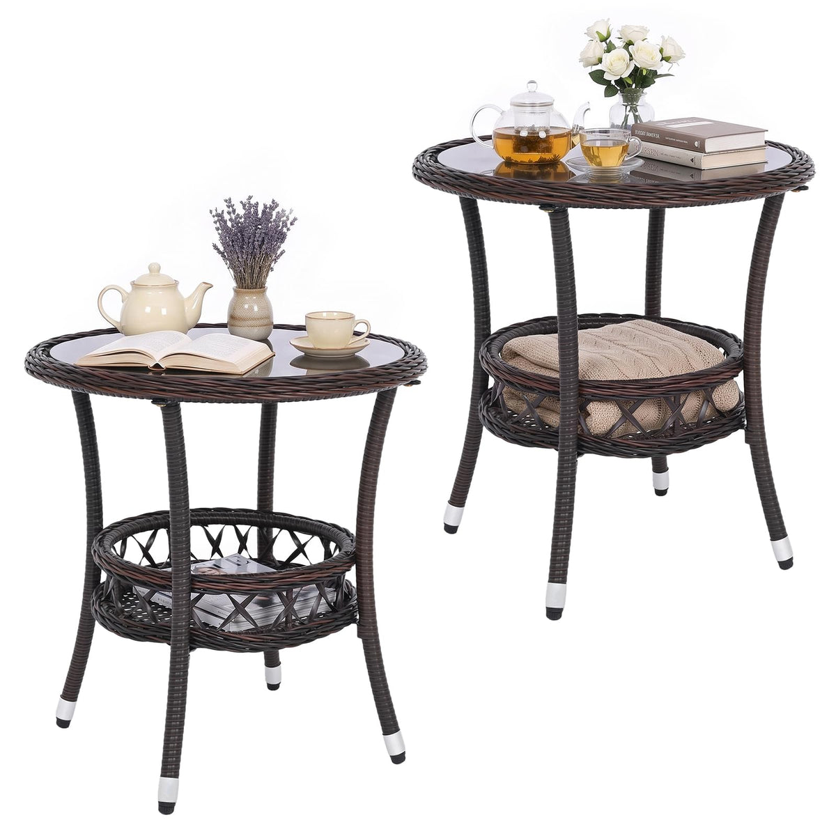 Tangkula Outdoor Rattan Side Table with Tempered Glass Top