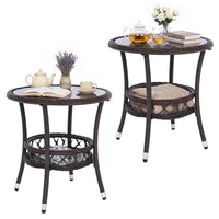 Tangkula Outdoor Rattan Side Table with Tempered Glass Top