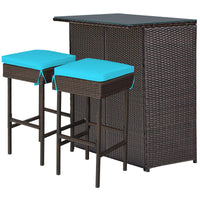 Tangkula Patio Bar Set, 3 Piece Outdoor Rattan Wicker Bar Set with 2 Cushions Stools & Glass Top Table