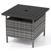 Tangkula Outdoor Wicker Table, Rattan Coffee Table with Umbrella Insert Hole, HDPE Tabletop & Sturdy Metal Frame