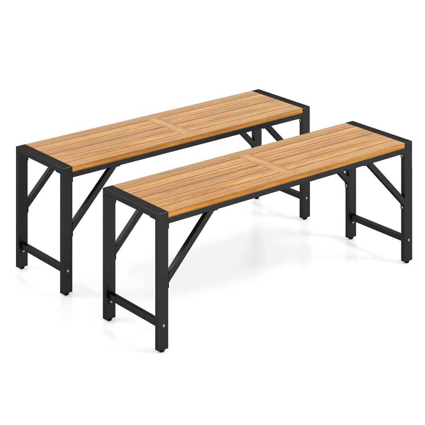 Tangkula Acacia Wood Outdoor Bench with Slatted Seat & Metal Legs