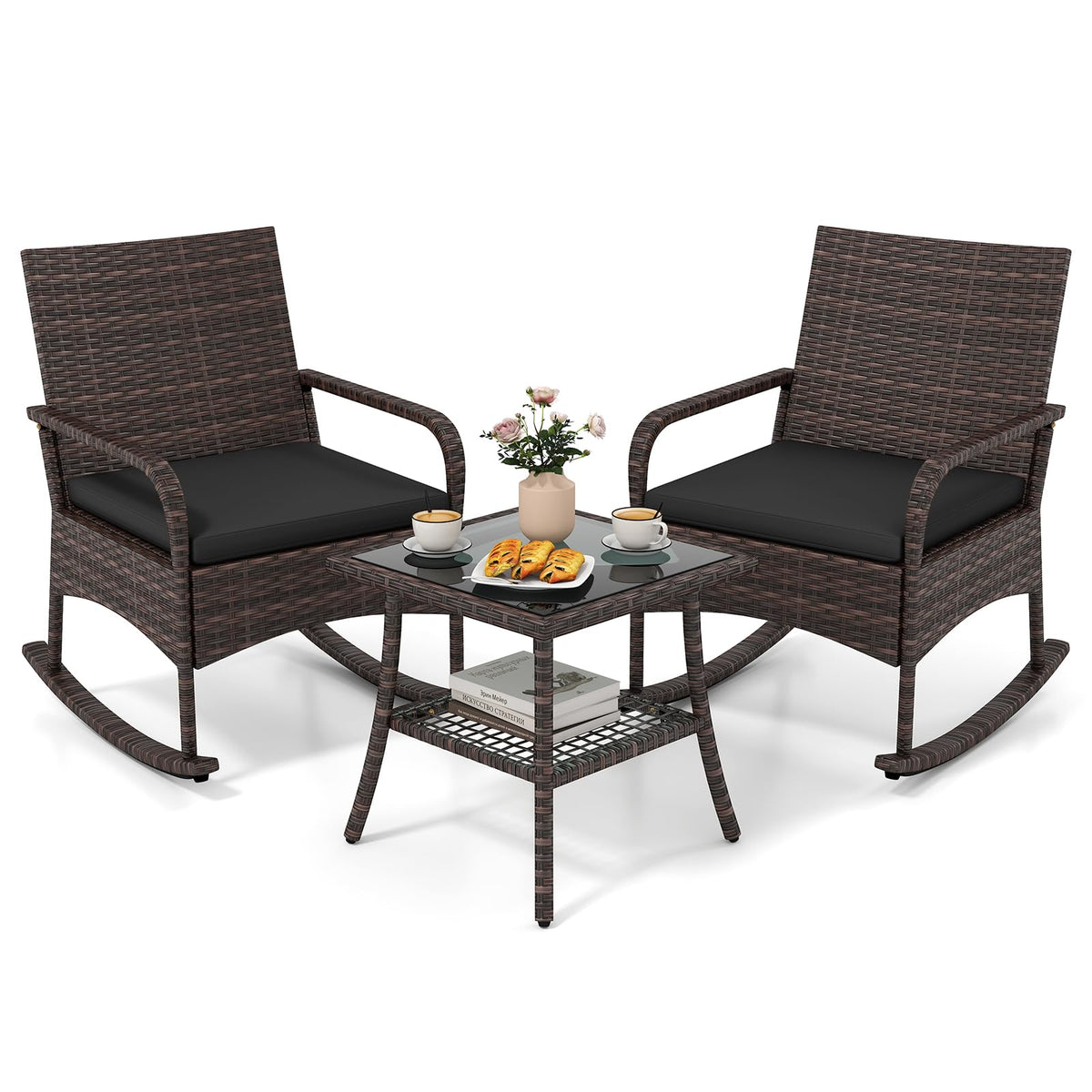 Tangkula 3-Piece Outdoor Wicker Rocking Bistro Set with 2-Tier Coffee Table