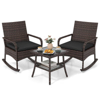 Tangkula 3-Piece Outdoor Wicker Rocking Bistro Set with 2-Tier Coffee Table