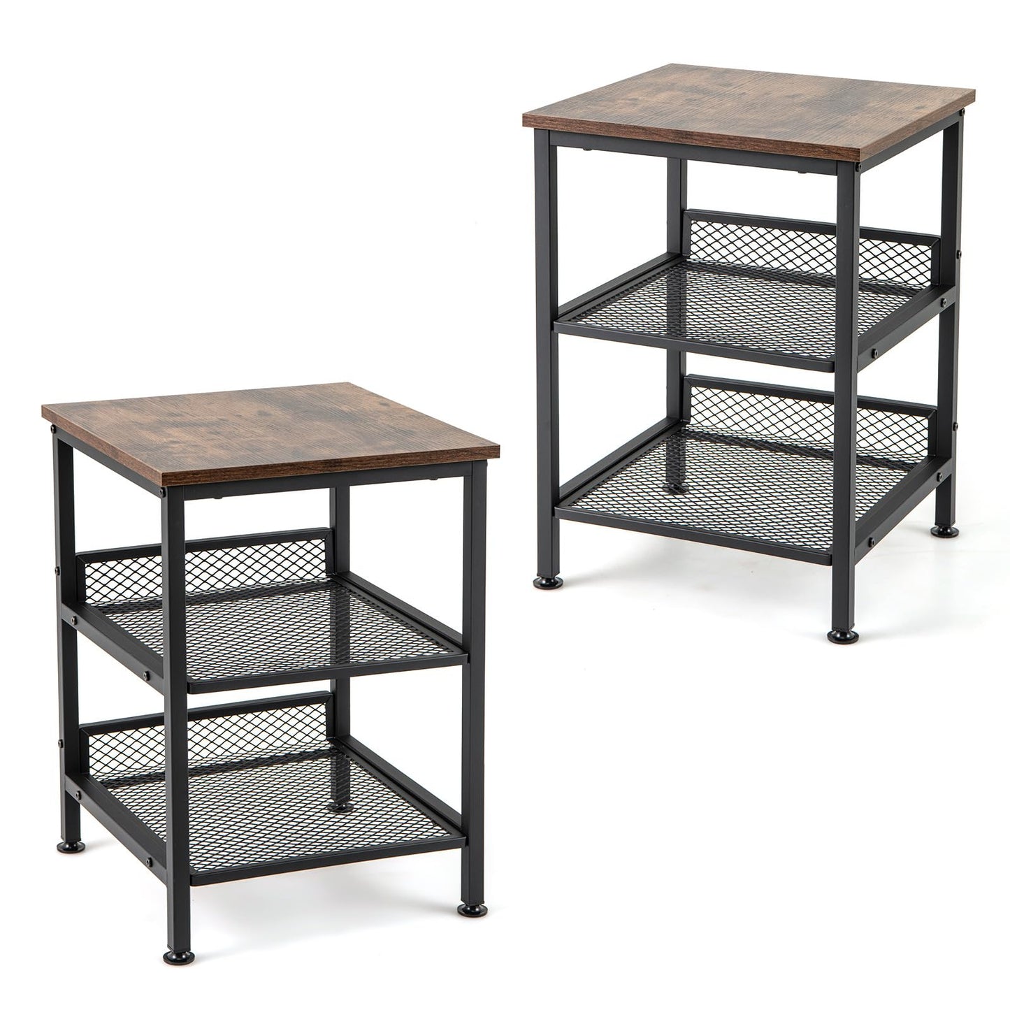 Tangkula Square Side Table, 3-Tier Nightstand with Dual Mesh Shelves, Industrial End Table for Living Room