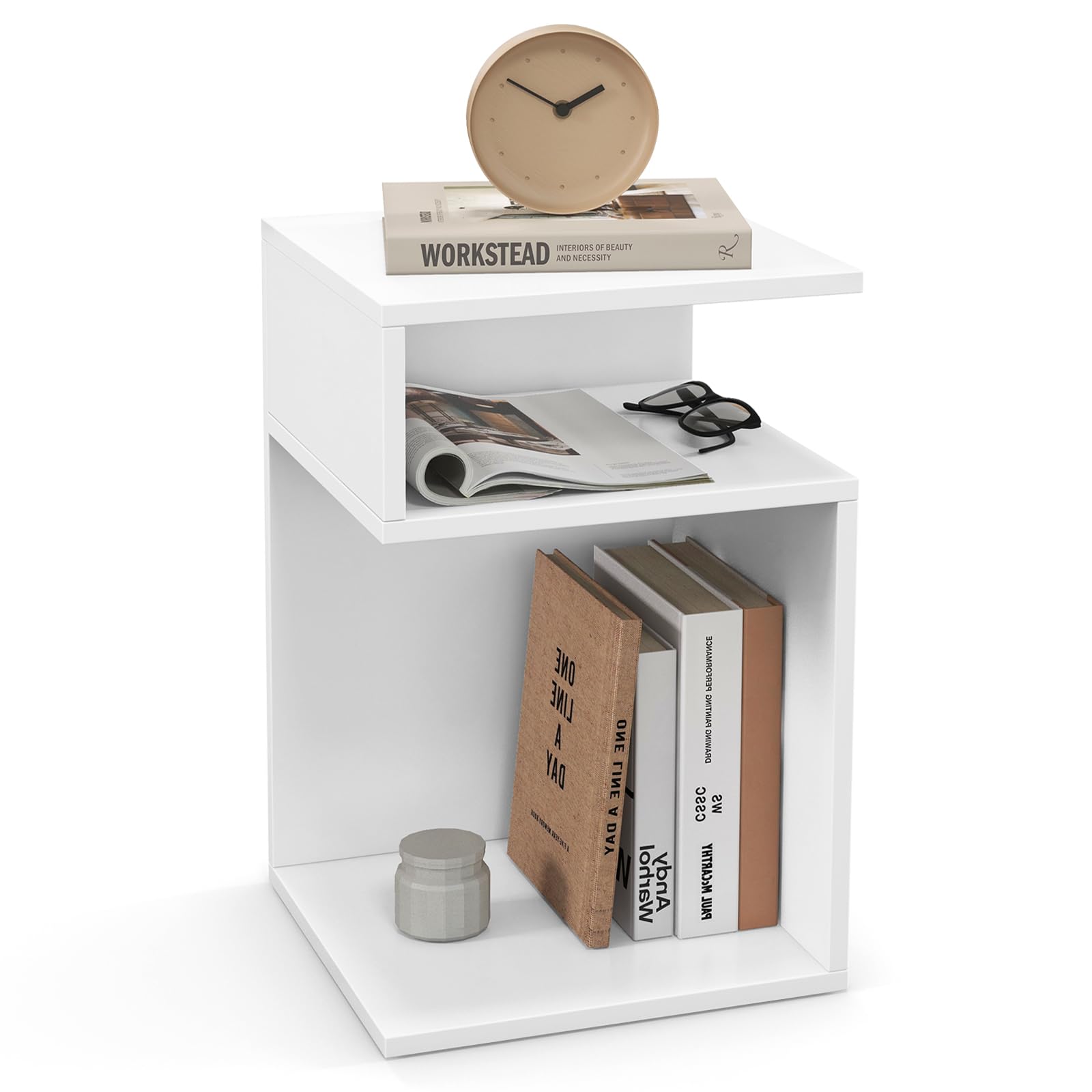 Tangkula S-Shaped Side Table, 3 Tier Wood End Table with Open Storage Shelves