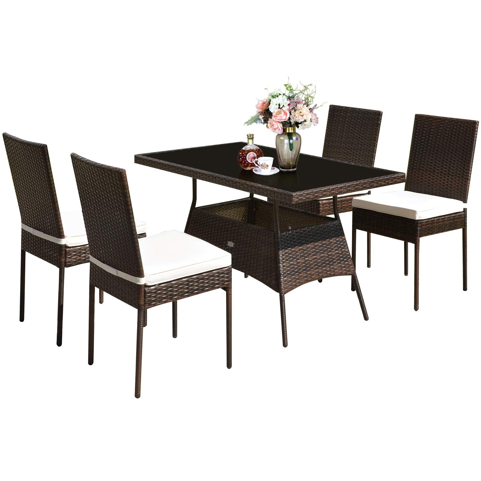 Tangkula 5 Piece Patio Wicker Dining Set for Balcony Patio Garden Poolside