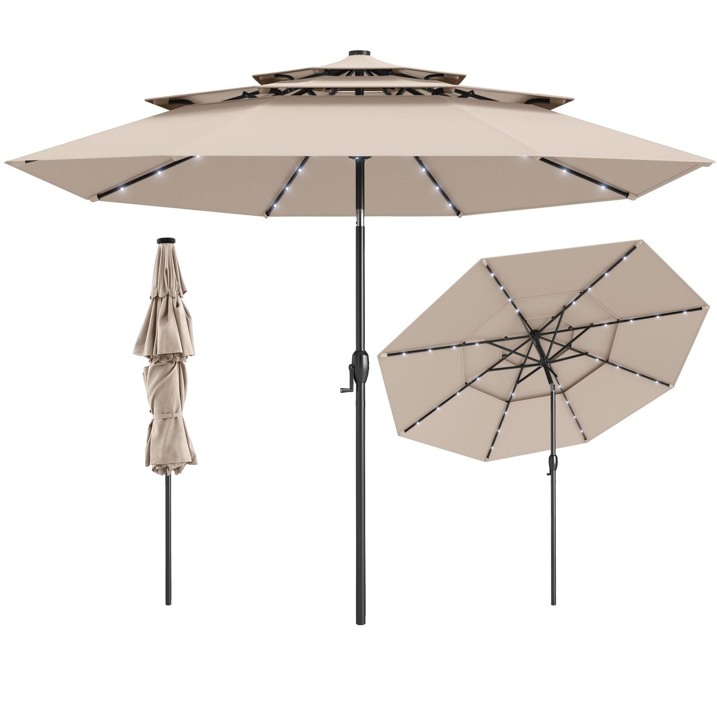 Tangkula 10 FT Solar LED Patio Umbrella 3-Tier Vented Outdoor Market Table Umbrella