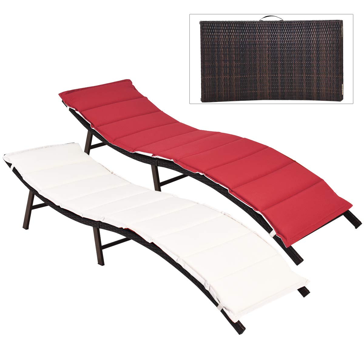 Set of 2 Patio Chaise, Foldable Outdoor Patio Wicker Lounger Chair