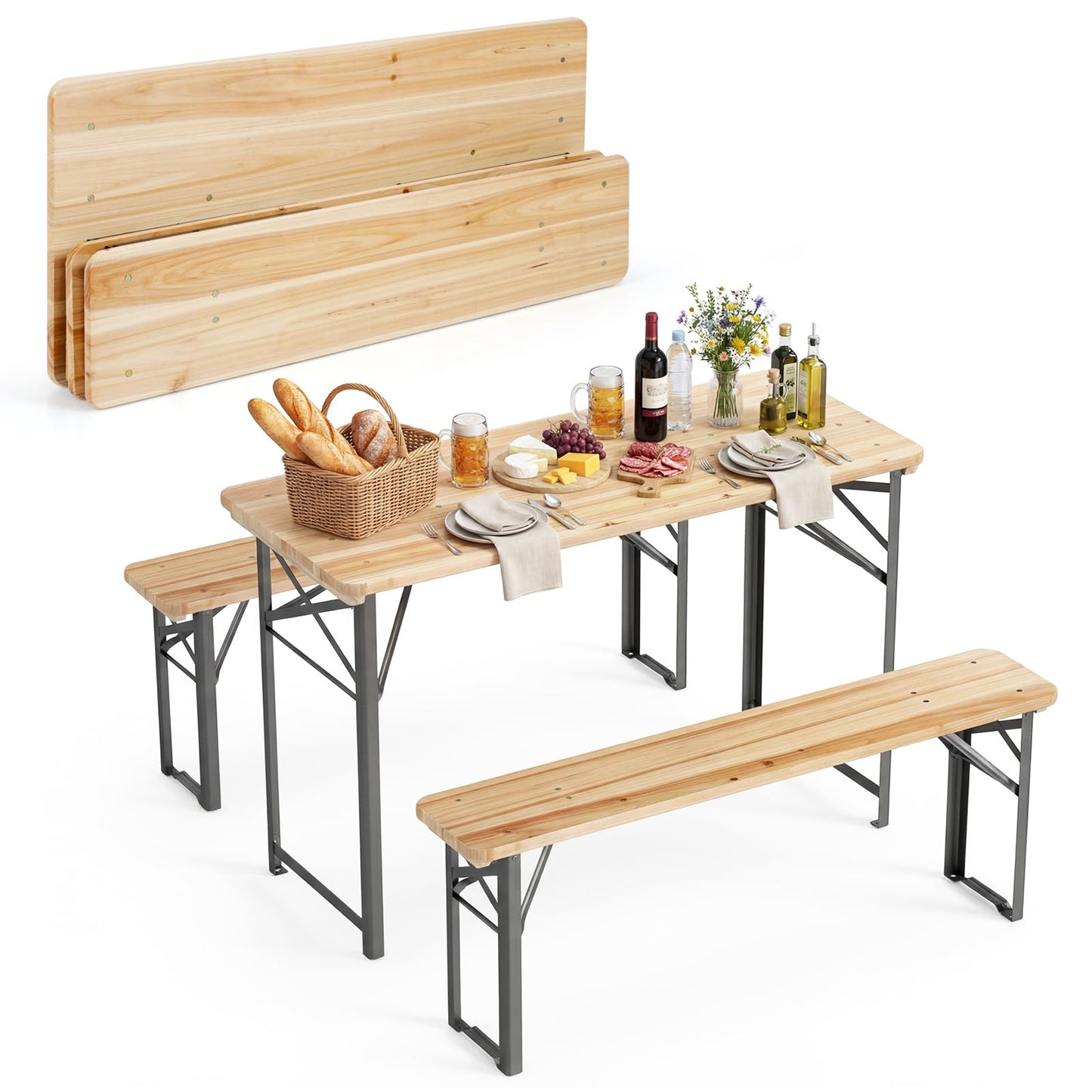 Tangkula 3 Piece Folding Picnic Table with 2 Benches
