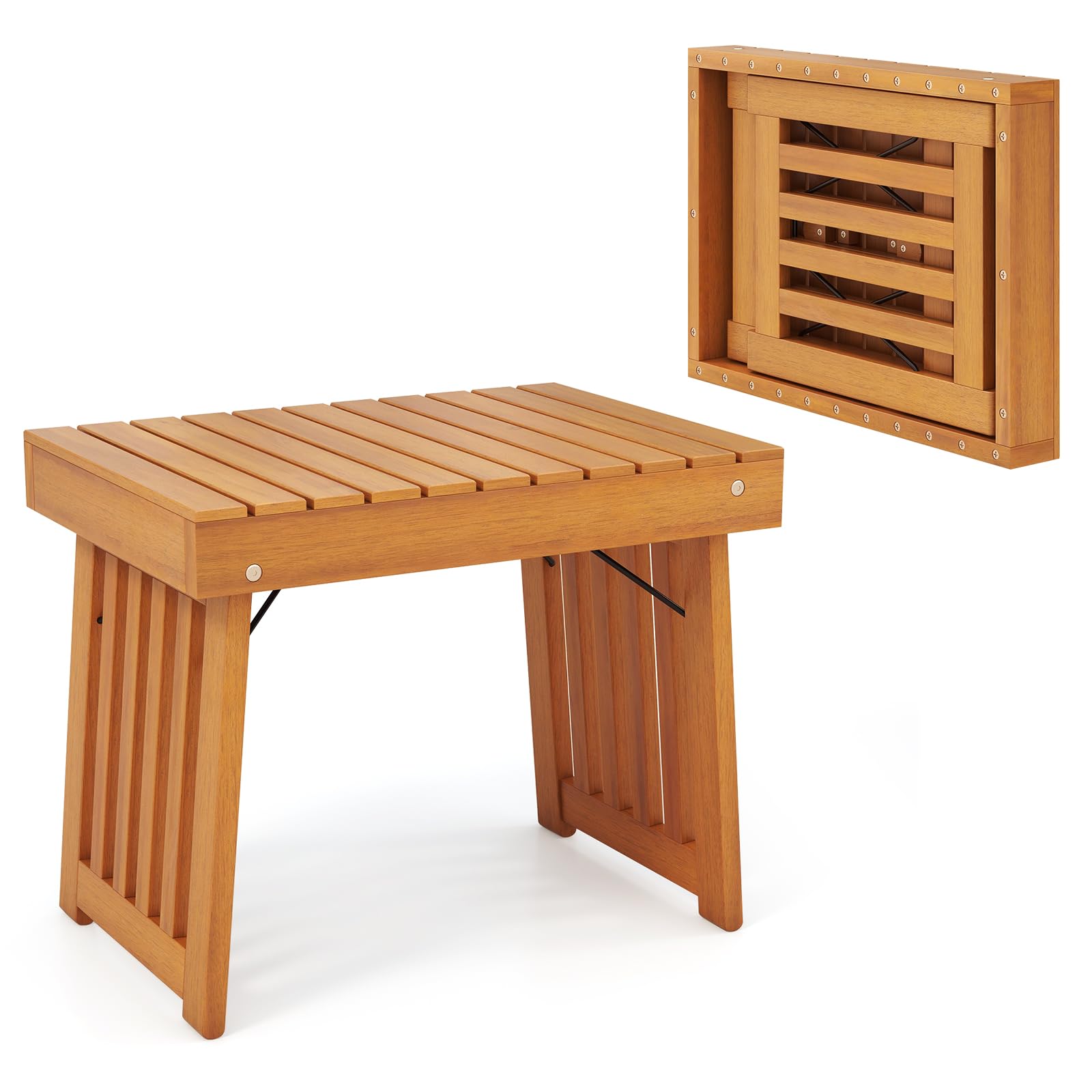 Tangkula Table d'appoint pliable pour patio, Table basse d'extérieur pliable en bois d'acacia avec plateau à lattes