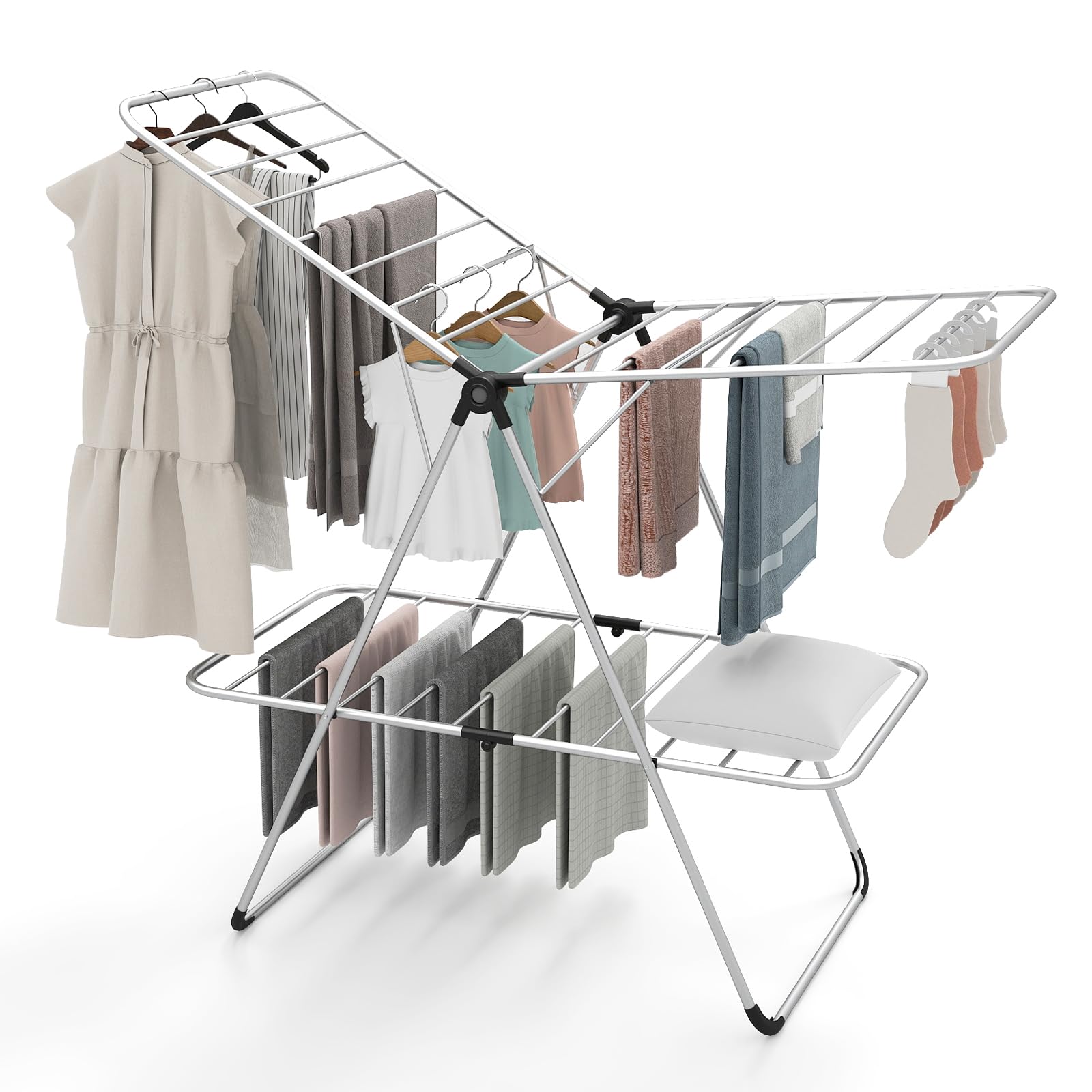 Tangkula 2-Level Heavy-Duty Aluminum Laundry Drying Rack Collapsible with Height-Adjustable Wings