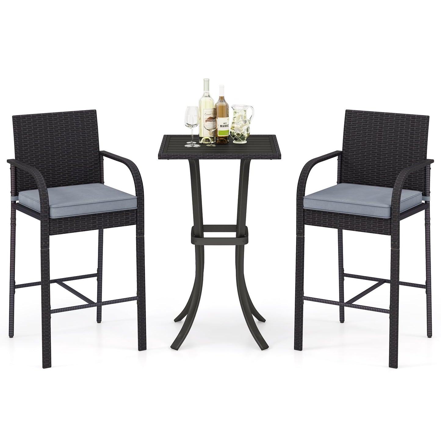 Tangkula 3-Piece Patio Wicker Bar Set, Rattan Bar Height Chairs & Square Table w/Heavy-Duty Metal Frame