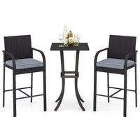 Tangkula 3-Piece Patio Wicker Bar Set, Rattan Bar Height Chairs & Square Table w/Heavy-Duty Metal Frame