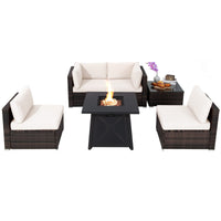 Tangkula 6-Piece Outdoor PE Wicker Conversation Set Cushions and Tempered Glass Coffee TableGas Fire Pit Table with 50,000 BTU