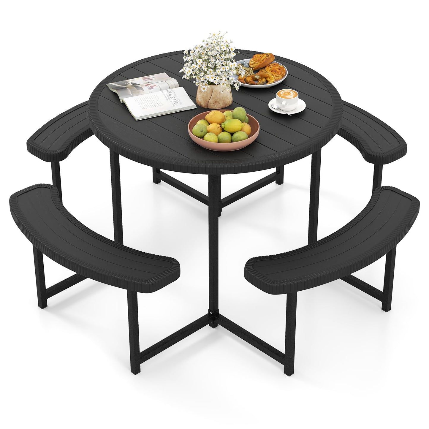 Tangkula 8 Person Picnic Table HDPE Outdoor Round Table and Bench Set