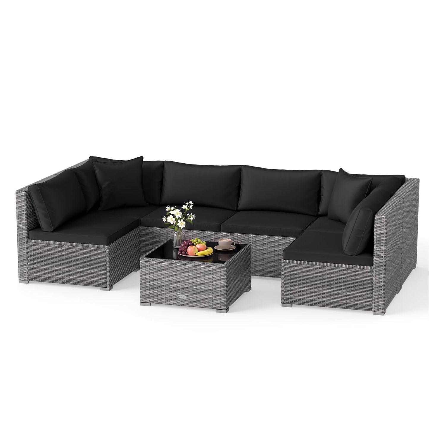 Tangkula 7 Pieces Wicker Sectional Patio Furniture Set | PE Rattan Sofas with Tempered Glass Coffee Table